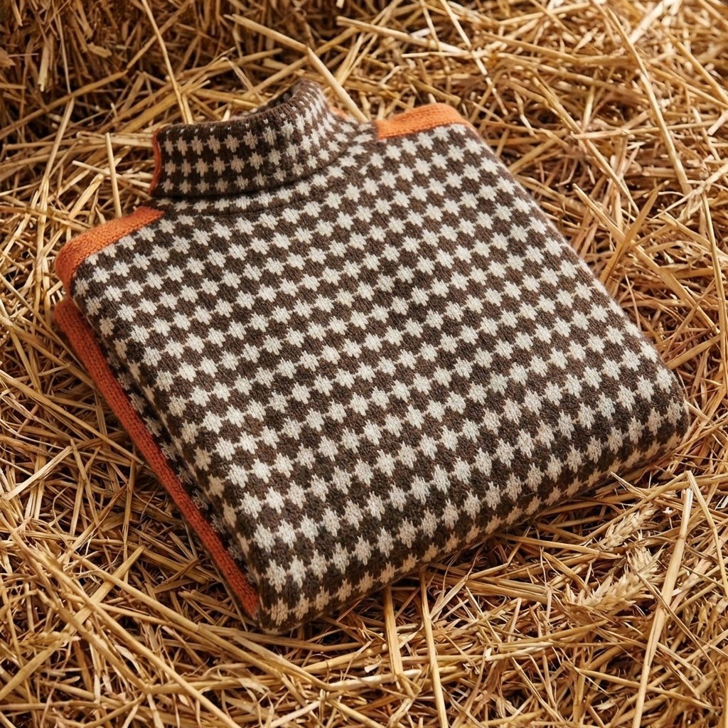 Cotton Turtleneck with Cross Pattern and Orange Sleeves