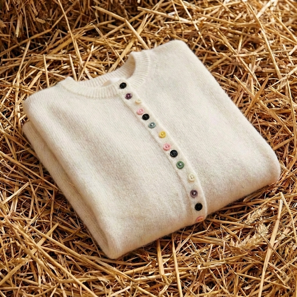 Cotton Crew Neck Cardigan with Multicolor Buttons