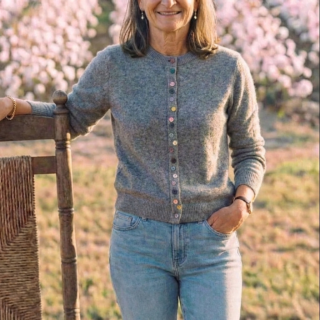 Cotton Crew Neck Cardigan with Multicolor Buttons