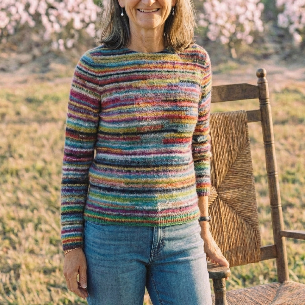 Cotton Sweater with Horizontal Stripes Earth Tones