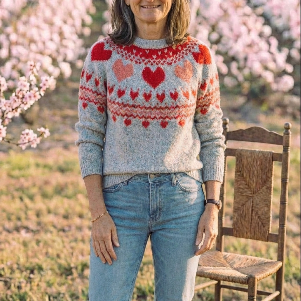 Cotton Sweater with Hearts Pattern