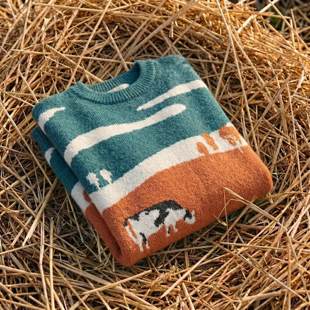Cotton Sweater Teal & Orange with Landscape & Cow Design