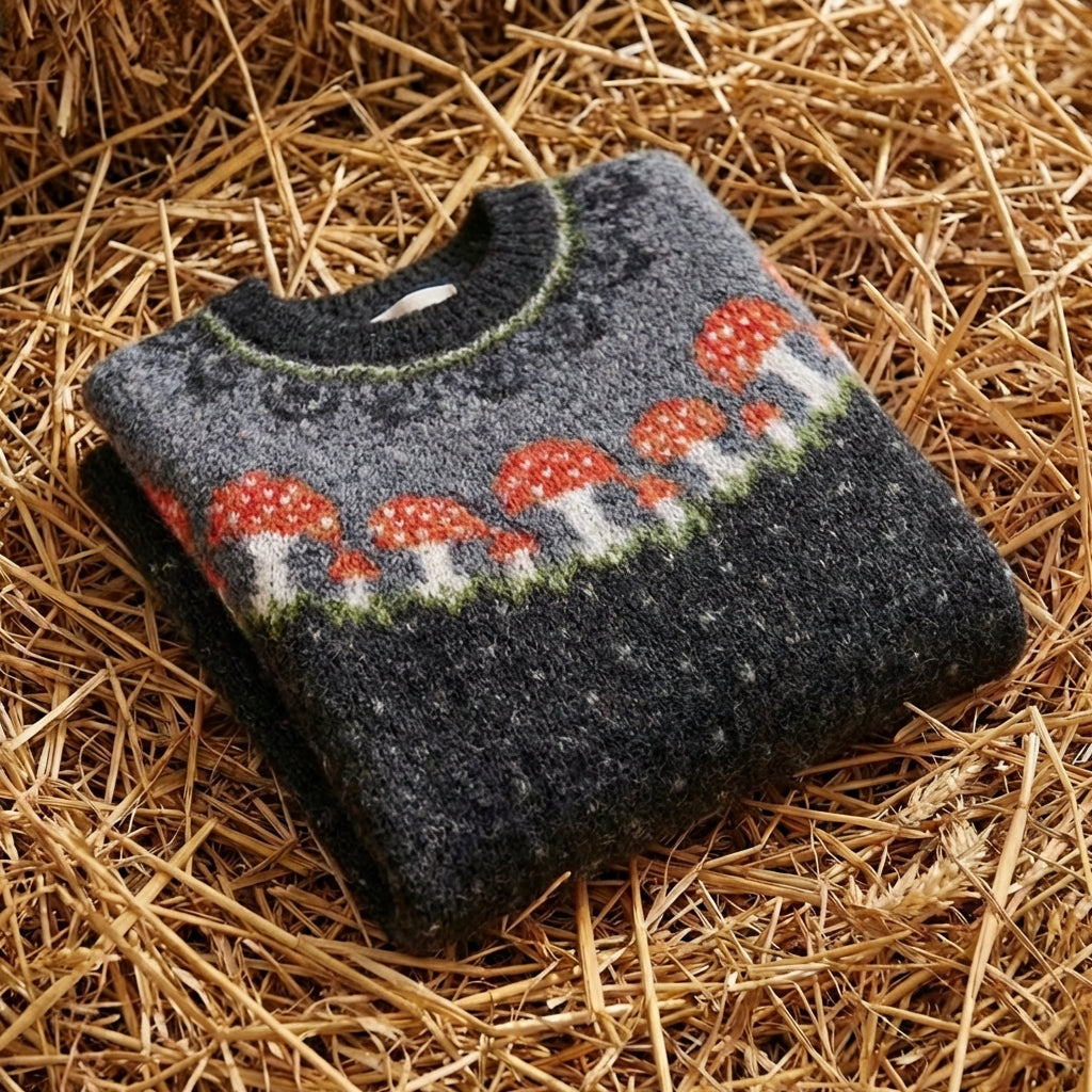 Cotton Sweater Black with Mushroom Pattern