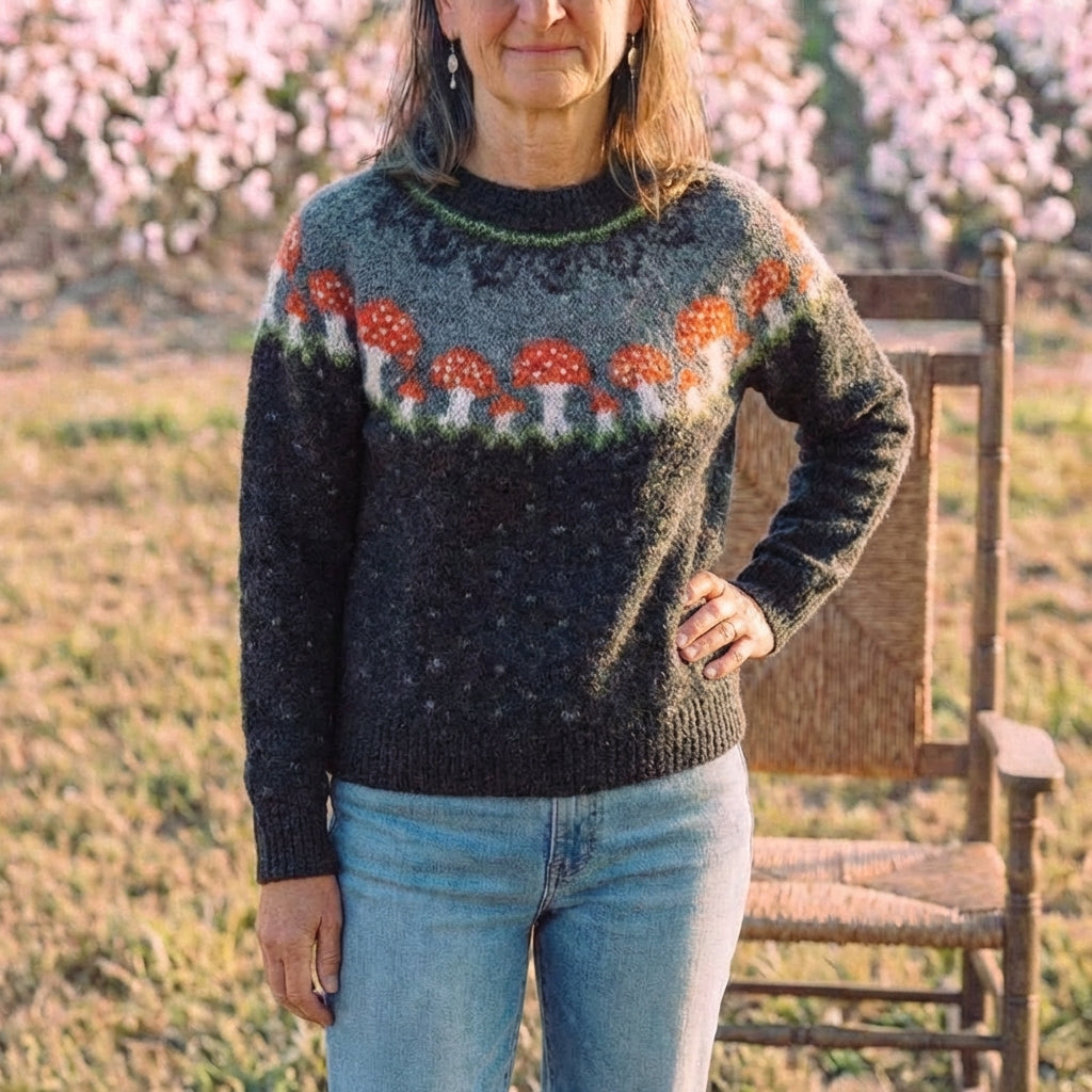 Cotton Sweater Black with Mushroom Pattern