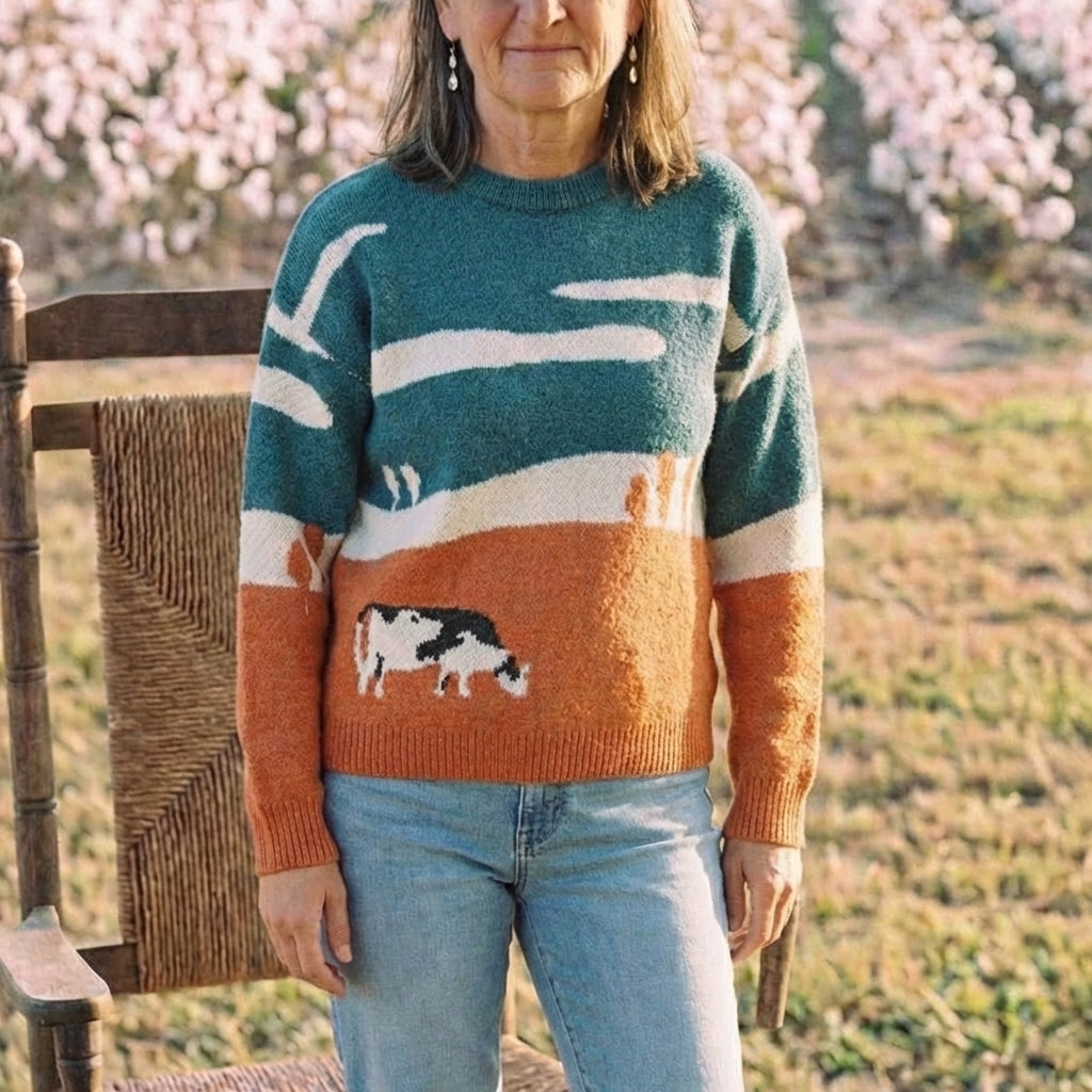 Cotton Sweater Teal & Orange with Landscape & Cow Design