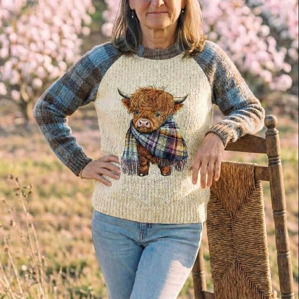 Cotton Sweater Light Blue & Cream with Highland Cow Pattern