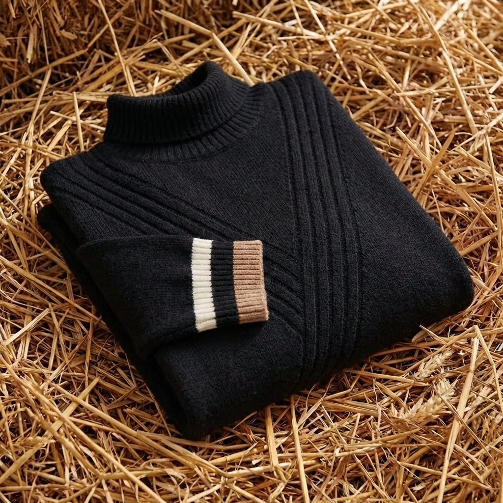 Cotton Turtleneck Sweater with Stripe Cuff