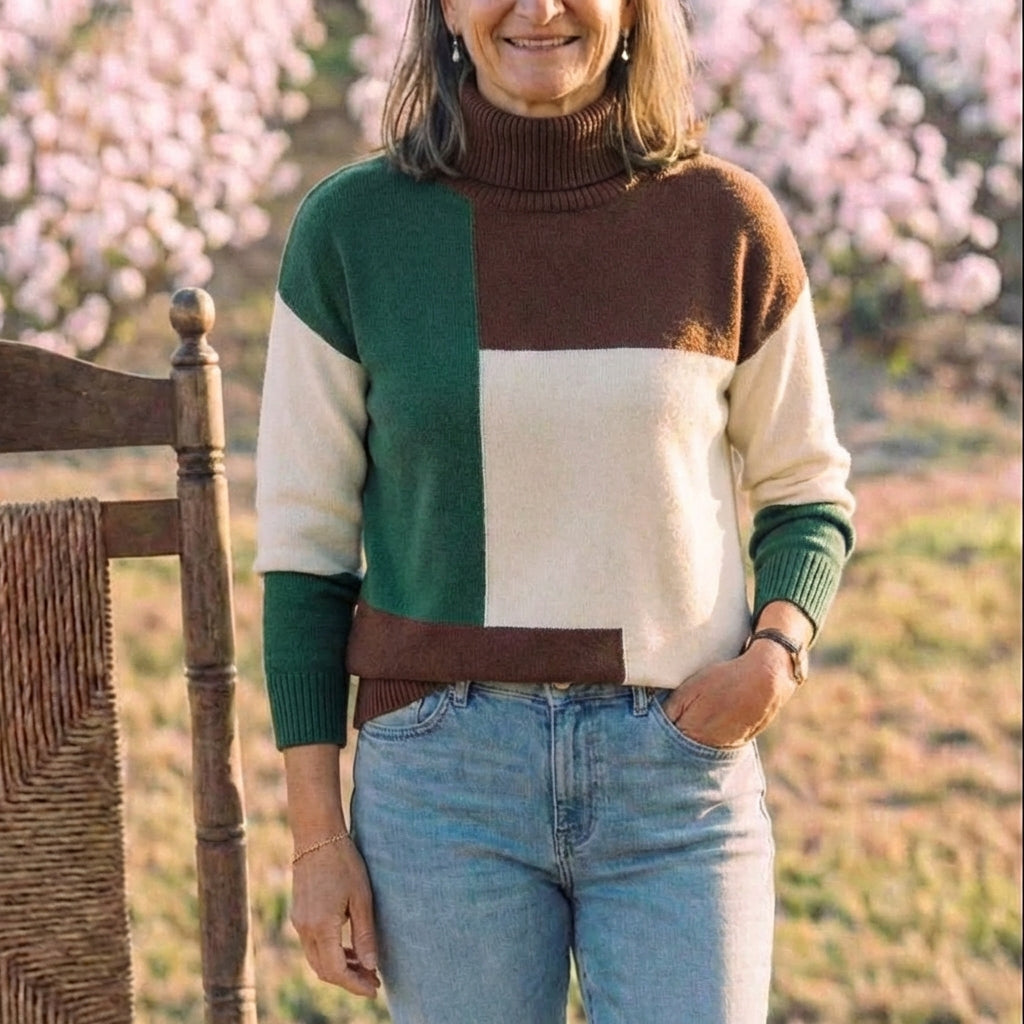 Cotton Turtleneck Sweater with Color-Block
