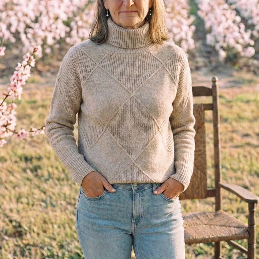Cotton Turtleneck Sweater with Diamond Knit