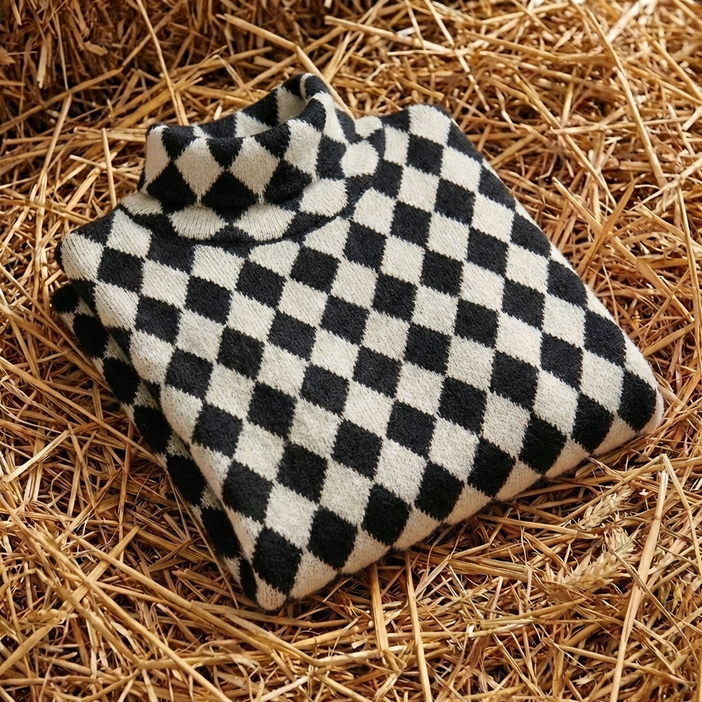 Cotton Turtleneck in Houndstooth Black-White