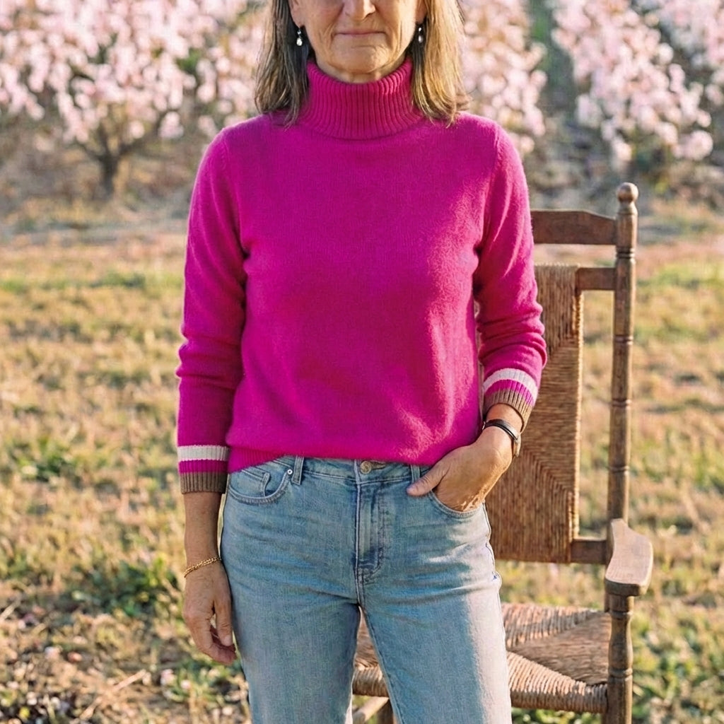 Cotton Turtleneck Sweater with Stripe Cuff