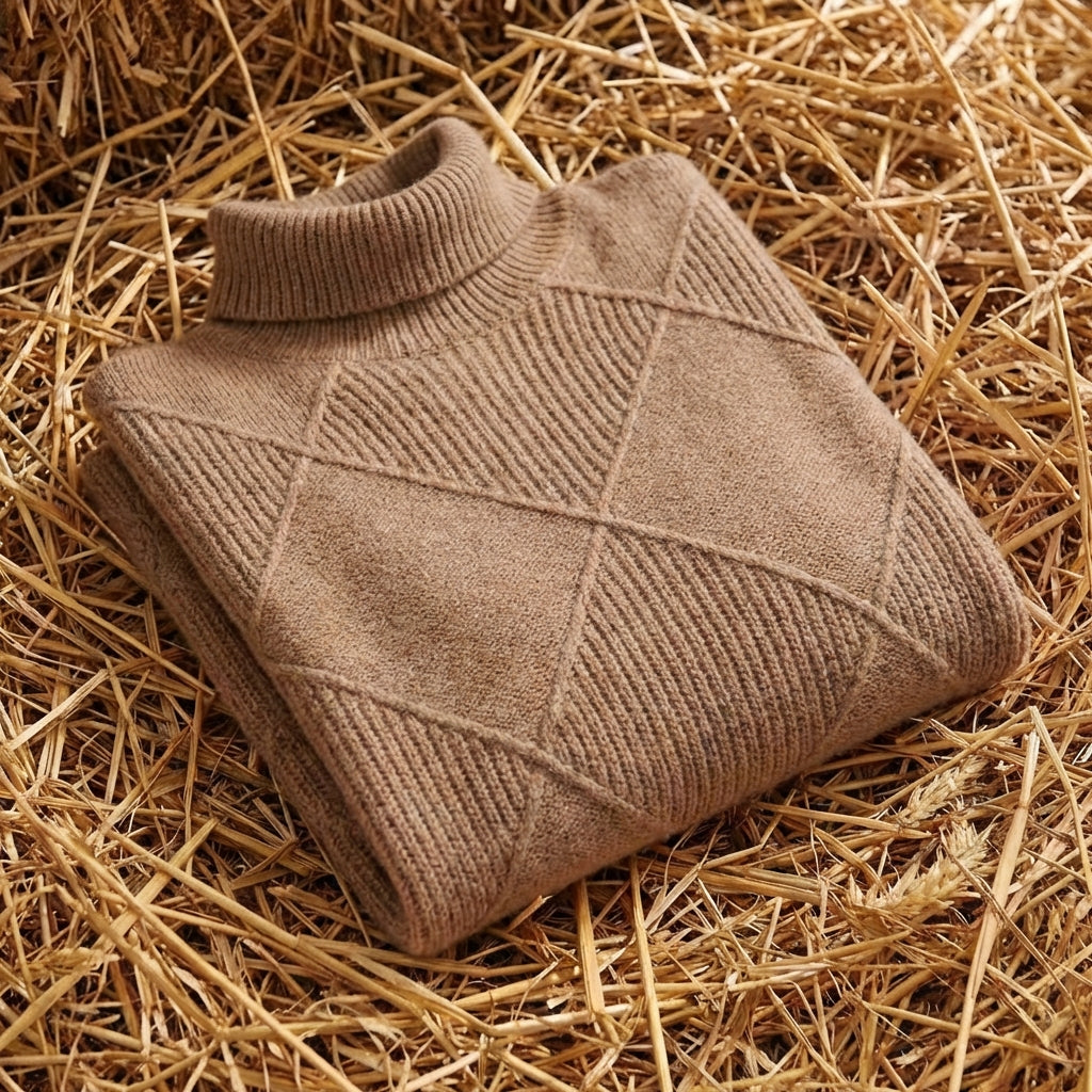 Cotton Turtleneck Sweater with Diamond Knit