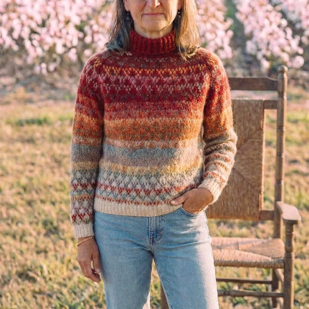 Cotton Turtleneck with Nordic Pattern Red-Brown