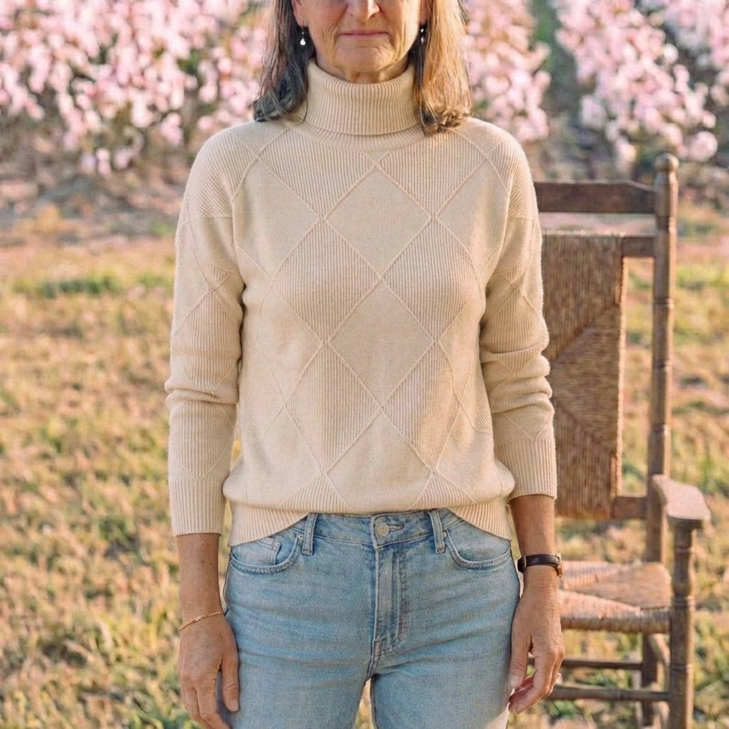 Cotton Turtleneck Sweater with Diamond Knit