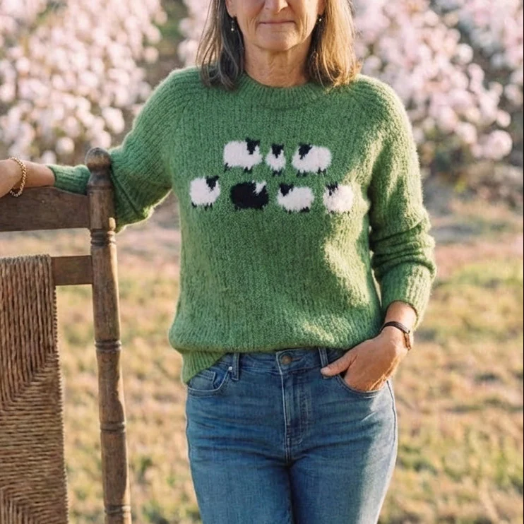 Cotton Sweater Green with Sheep Pattern